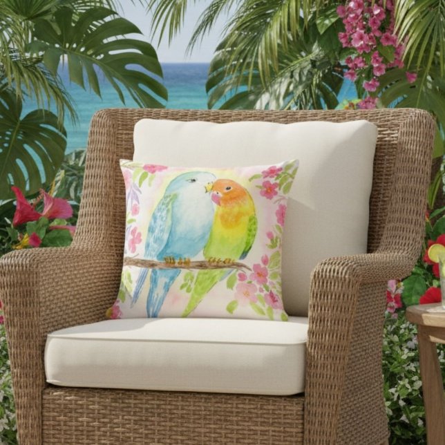 Coussin Watercolor Love Birds with Pink Flowers (Créateur téléchargé)