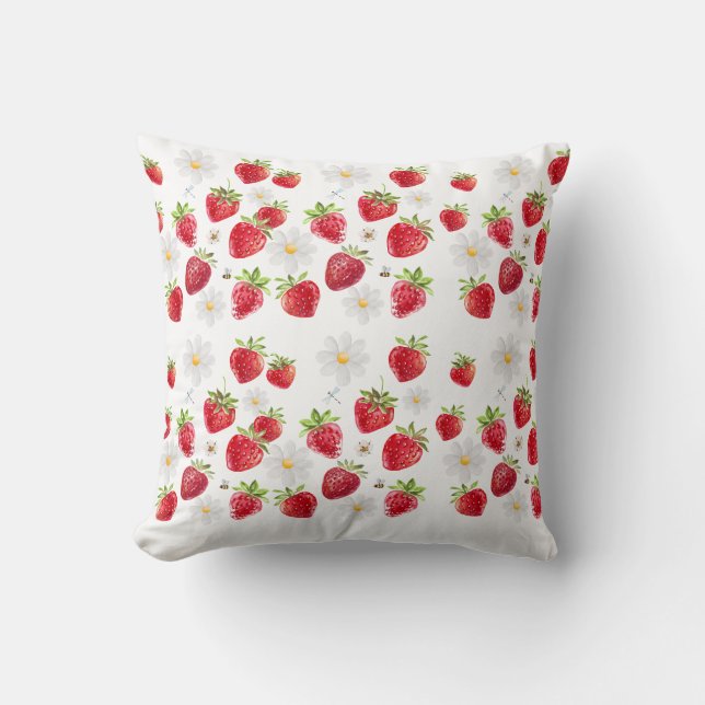 Coussin Watercolor Strawberry and Daisy Floral Pattern (Recto)
