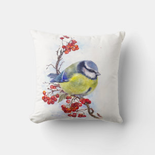 Coussin Watercolor winter titmouse bird illustration branc