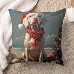 Coussin Weimaraner Chien Noël Plage Vintage