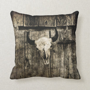 Coussin Western Bull Skull Wood Barn Sepia Vintage Russe