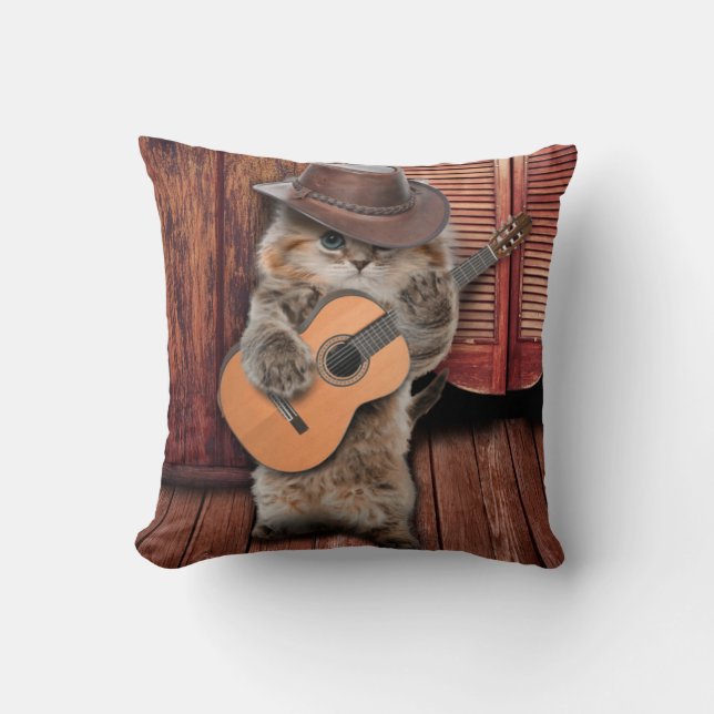 Coussin Western Cat cowboy musicien avec guitare (Recto)