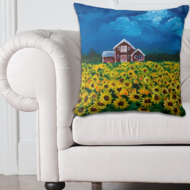 Coussin western country red barn summer sunflower field (western country red barn summer sunflower field throw pillow)