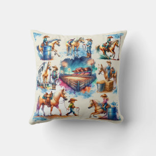 Coussin Western Rodeo Cowgirl Kids and Horse Scenes