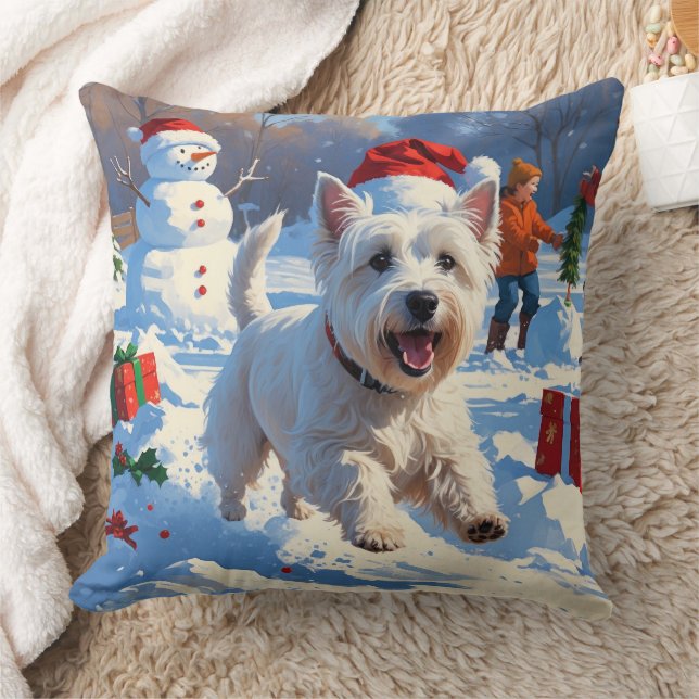 Coussin Westie coule en neige avec le Casquette de Noël (Couverture)