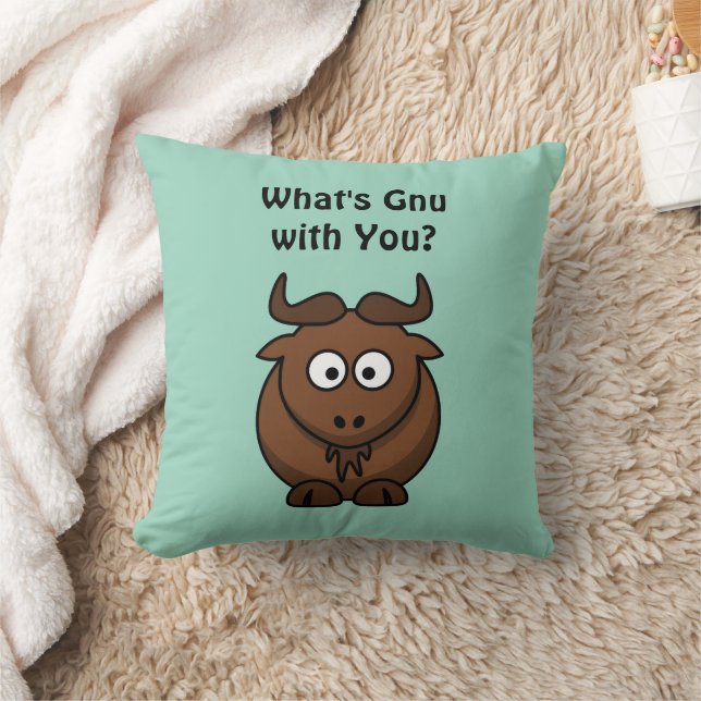 Coussin What’s Gnu, Funny Buffalo Cartoon Animal Pun (Couverture)