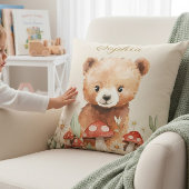 Coussin Whimsical Bear Mushroom Watercolor Childrens Room