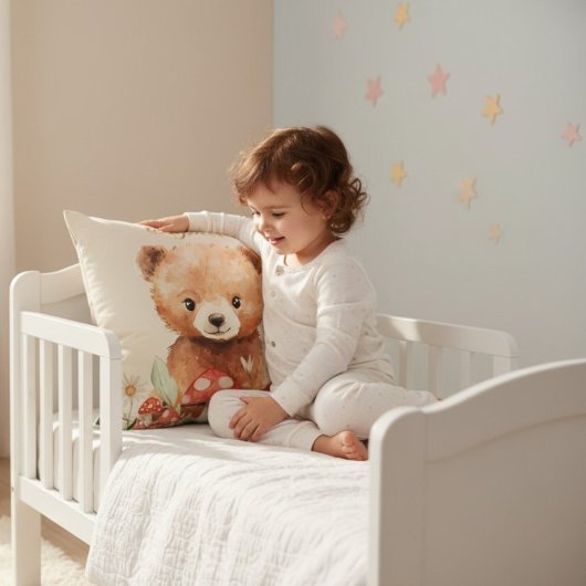 Coussin Whimsical Bear Mushroom Watercolor Childrens Room