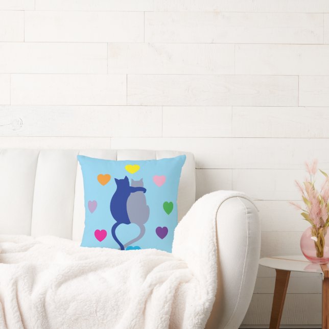 Coussin Whimsical Blue Cat Pillow With Rainbow Hearts (Canapé)