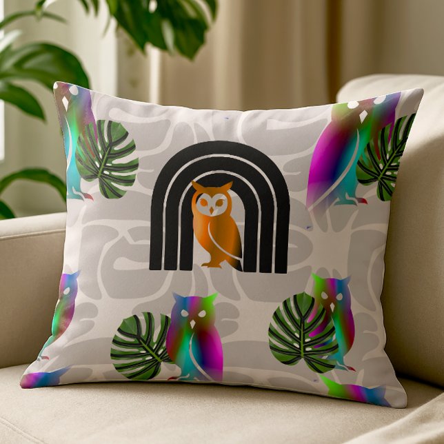 Coussin Whimsical Boho Owl & Tropical Monstera Leaf (Whimsical Boho Owl & Tropical Monstera Leaf | Throw Pillow)