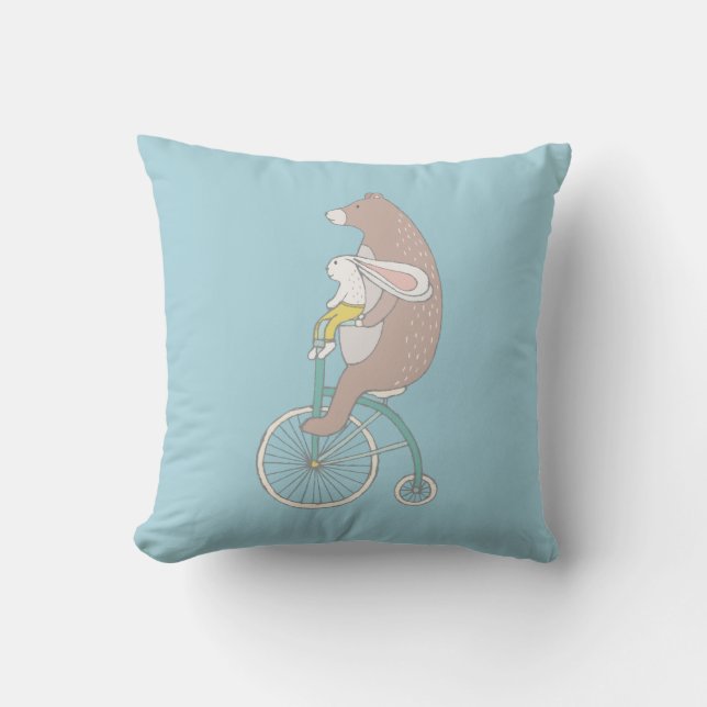 Coussin Whimsical Bunny and Bear Riding a Bike (Recto)