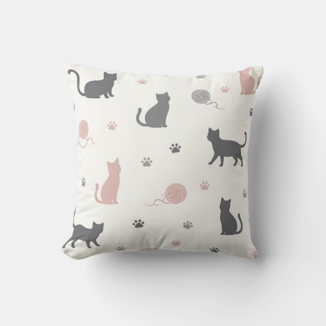 Coussin Whimsical Cat and Yarn Silhouette Pattern (Recto)