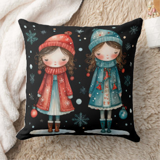 Coussin Whimsical Christmas Girls in the Snow Throw Pillow