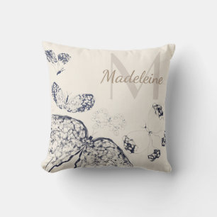 Coussin Whimsical Elegant Navy dentelle papillons Monogram