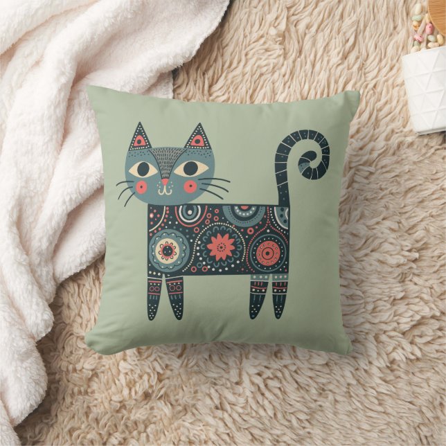 Coussin Whimsical Folk Art Retro Boho Chat Sage (Couverture)
