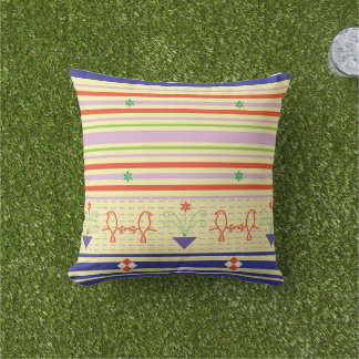 Coussin Whimsical Garden: Folk-Art Bird & Striped Pastel