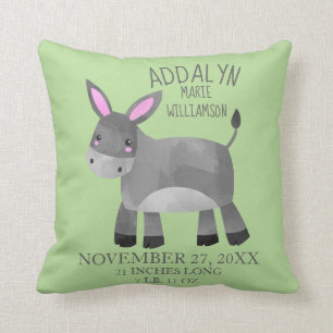 Coussin Whimsical Grey Donkey Green Nom de l'enfant Date d