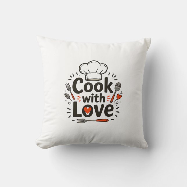 Coussin Whimsical Hand-Drawn "Cook with Love" Logo with Ch (Recto)