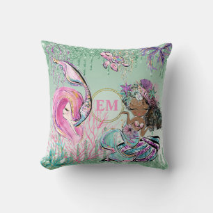 Coussin Whimsical Little Mermaids Under the Sea monogram