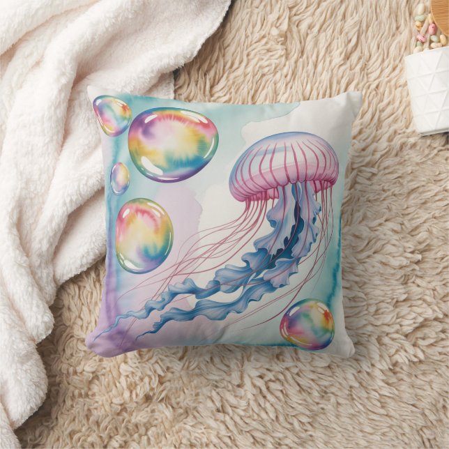 Coussin Whimsical Rainbow Jellyfish Watercolor Design (Couverture)