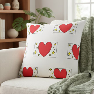 Coussin Whimsical Red Heart and Gold Stars Christmas Throw