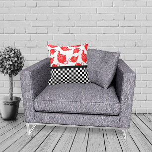 Coussin Whimsical Red Teapots and Checkerboard