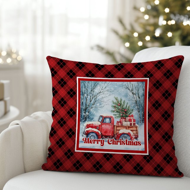 Coussin Whimsical red truck Christmas scene rustic festive (Whimsical red truck Christmas scene rustic festive pillow

)