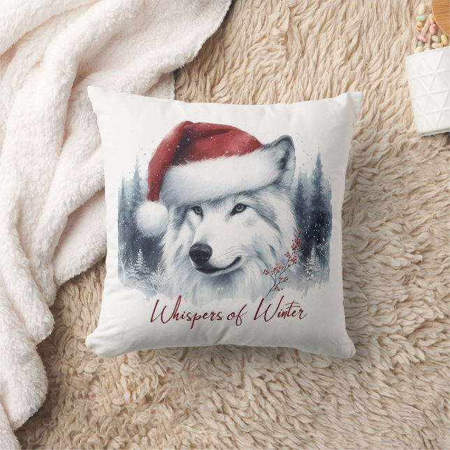 Coussin Whispers d'hiver - Wolf aquarelle à Santa Hat (Couverture)