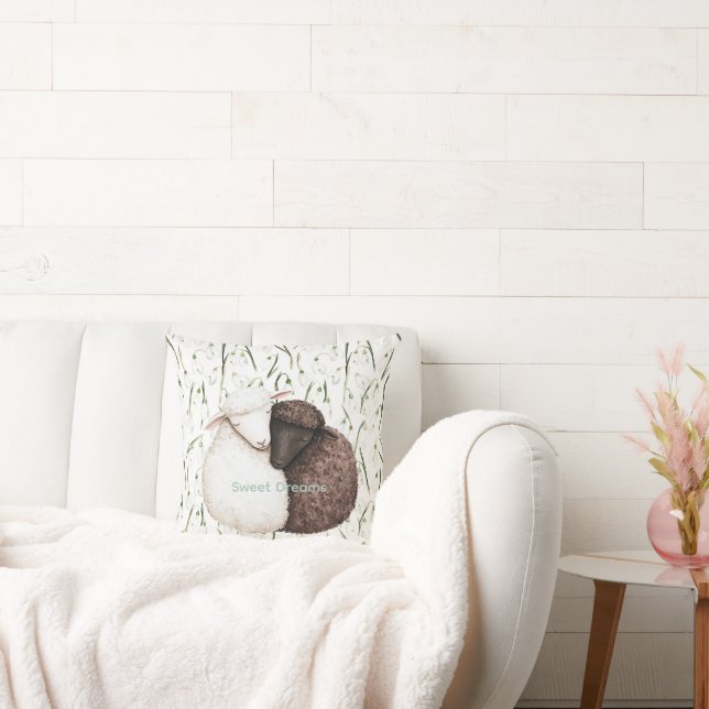 Coussin White Brown Sheep Flowers  (Canapé)