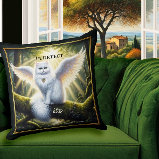 Coussin White Cat Angel Heaveny Bliss (Pillow featuring a painting of a white angel cat in a lush forest. Heavenly bliss! - cat lover gift)