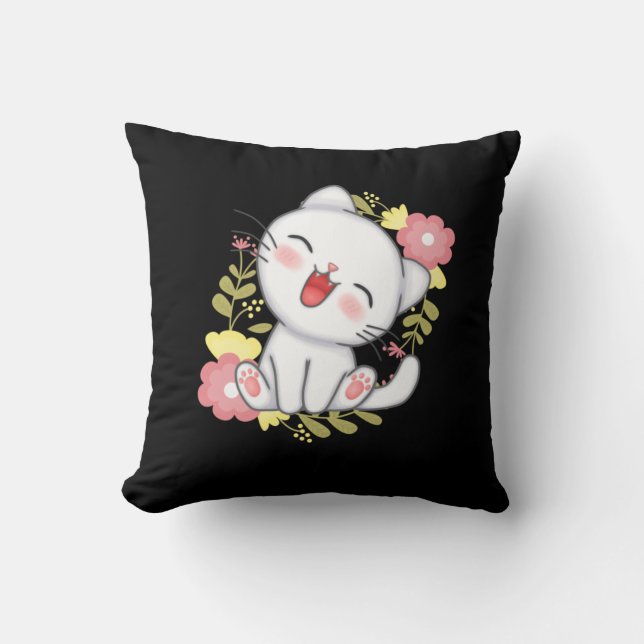 Coussin white cat with flower (Recto)