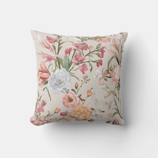 Coussin White Cats Pink Roses Floral  (Recto)