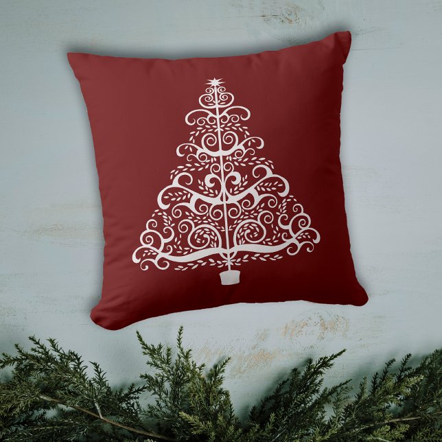 Coussin White Holiday Tree sur la Bourgogne rouge (Créateur téléchargé)