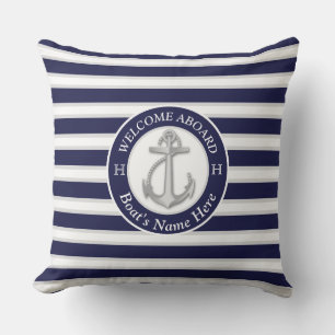 Coussin White Navy Blue Stripe Nom du bateau Ancre Bienven