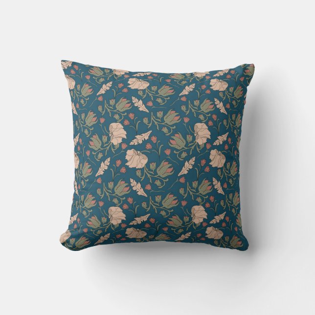 Coussin William Morris art nouveau fleurs tendres bleu (Recto)