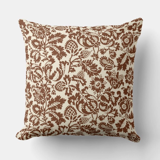 Coussin William Morris Floral Damask, Beige et Chocolat  (Recto)