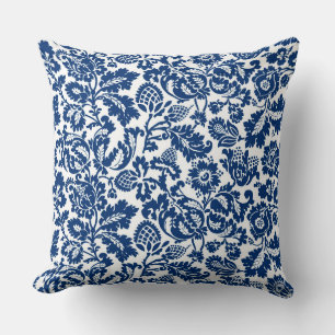 Coussin William Morris Floral Damask, bleu Cobalt sur blan