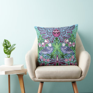 Coussin William Morris Folk Art Oiseaux Fleurs Acorns