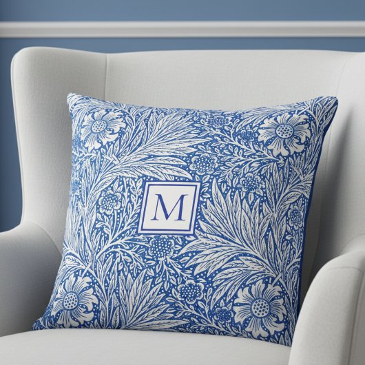 Coussin William Morris Marigold Bleu Monogramme