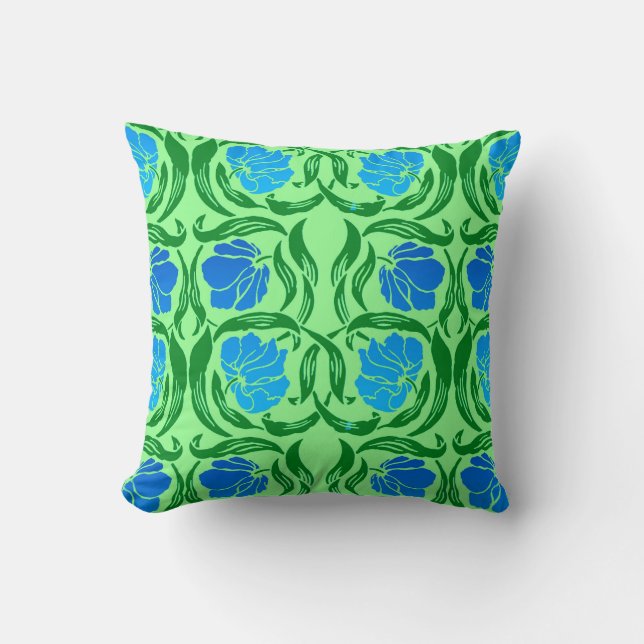 Coussin William Morris Pimpernel, Bleu et Vert Citron (Recto)