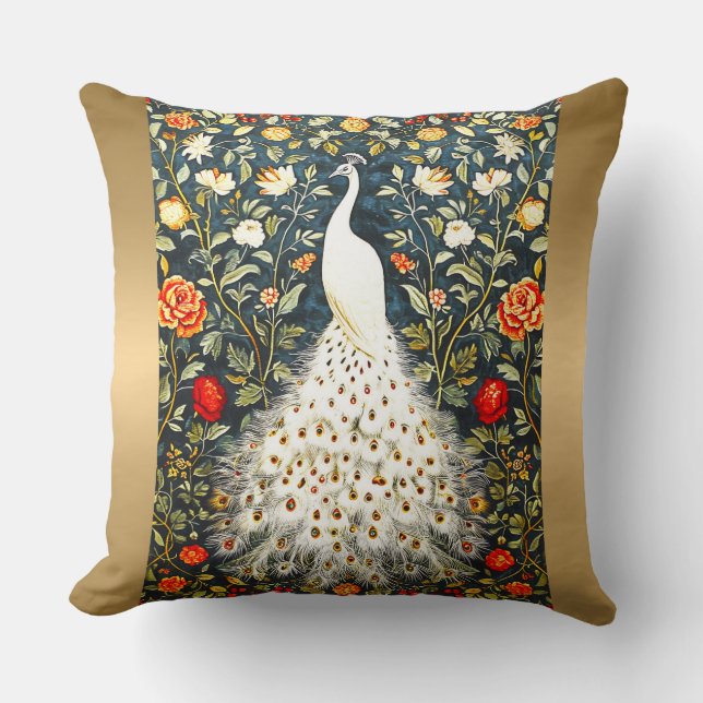 Coussin William Morris White Peacock Art Déco Gold Silver (Recto)