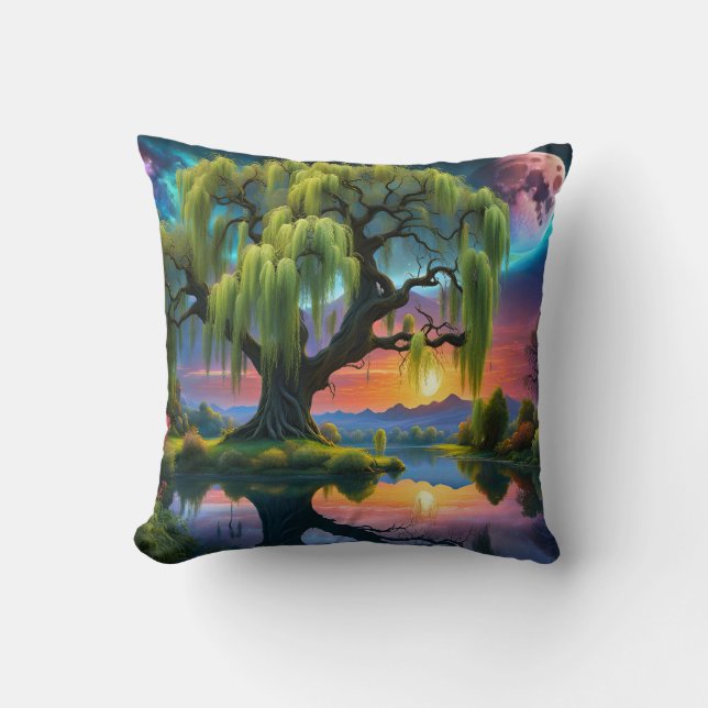 Coussin Willow tree under Pleine lune N Starry ciel Sunset (Recto)