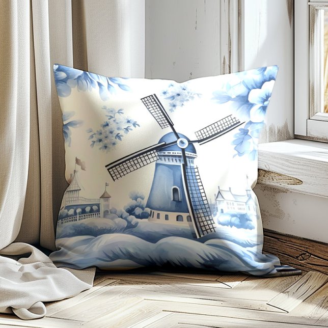 Coussin Windmill Dutch Delft Blue Vintage (Vintage blue windmill decorator pillow)