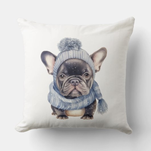 Coussin Winter Bulldog Baby in Blue Cap and Scarf  (Recto)
