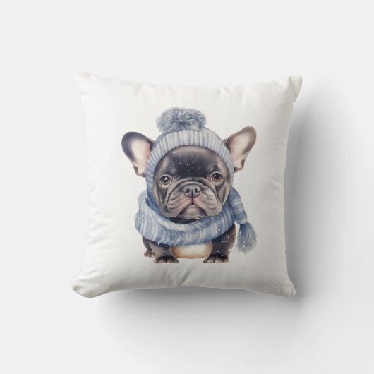 Coussin Winter Bulldog Baby in Blue Cap and Scarf (Recto)