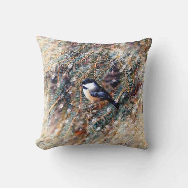 Coussin Winter Chickadee Bird Pine Branch Snow (Recto)