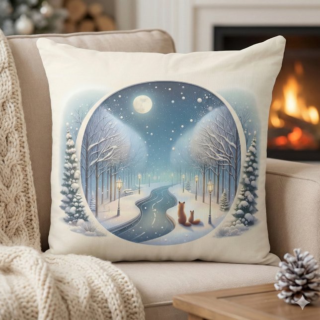 Coussin Winter Foxes by Moonlit Snowy River (Winter Foxes by Moonlit Snowy River Throw Pillow Mockup A)