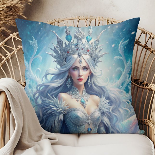 Coussin Winter Ice Queen Fantasy Art Throw Pillow (Winter Ice Queen Fantasy Art Throw Pillow in a boho rattan armchair.)