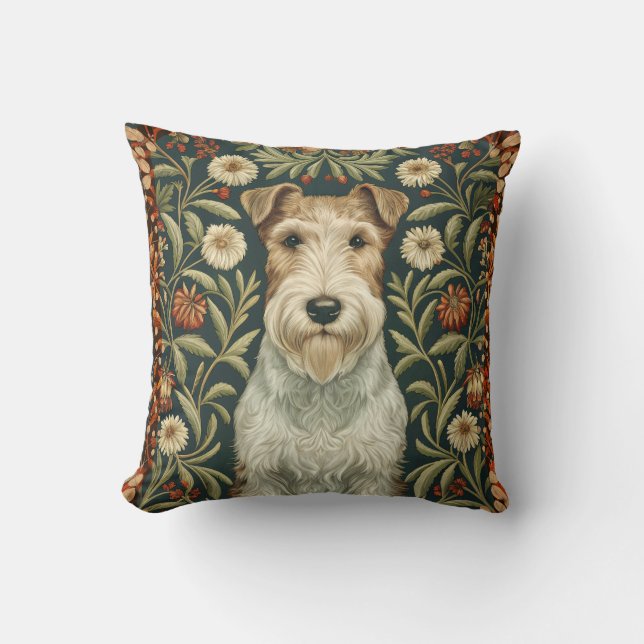 Coussin Wire Fox Terrier in William Morris Floral Style (Recto)