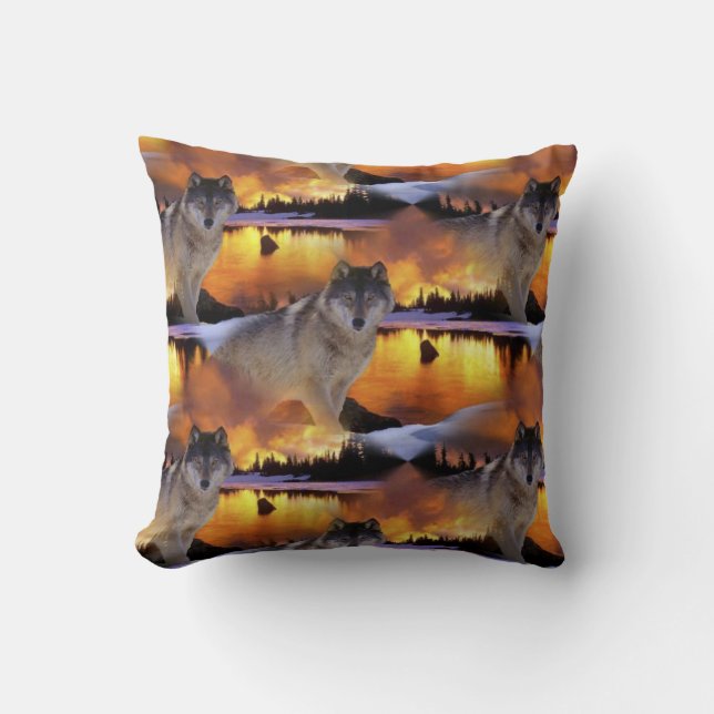 Coussin Wolf au Motif du coucher du soleil (Recto)